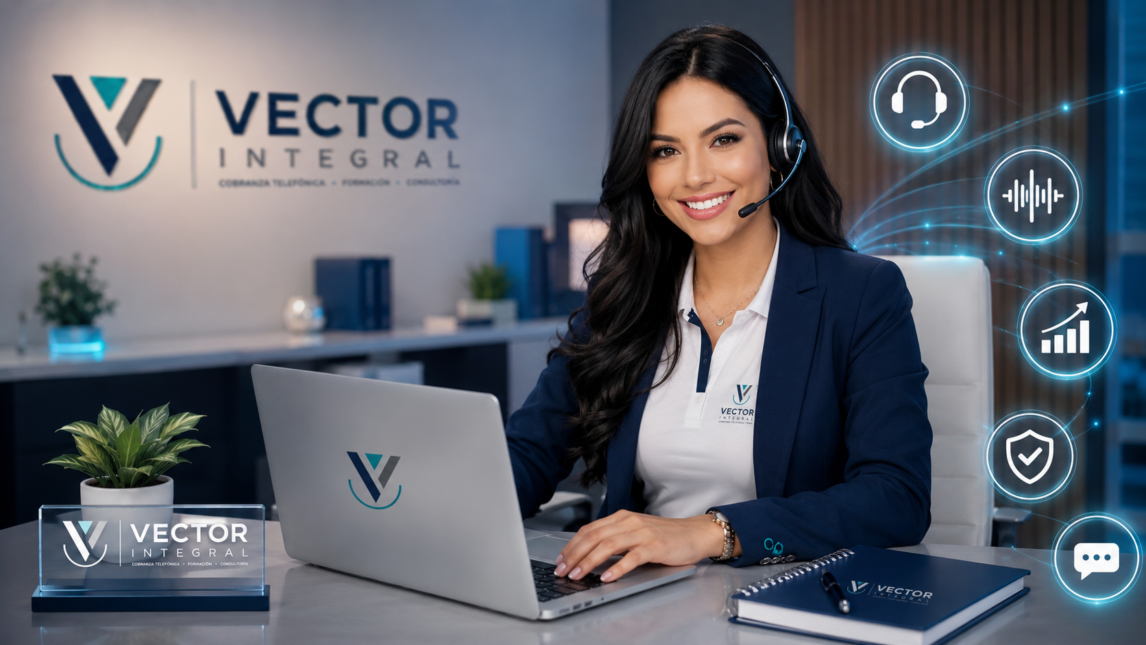 Asesora de VECTOR INTEGRAL con headset en oficina corporativa